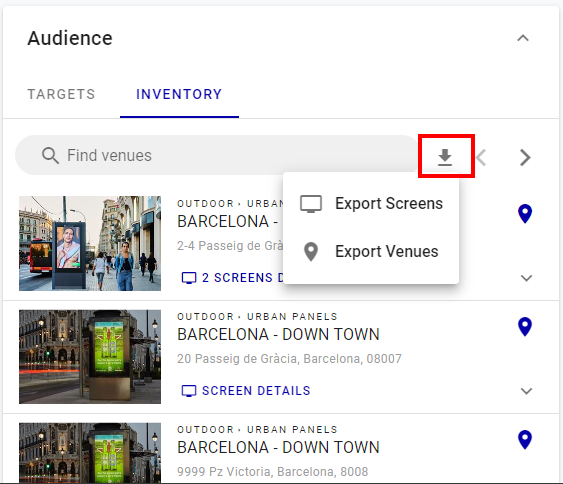 Export venues or screens Export venues or screens