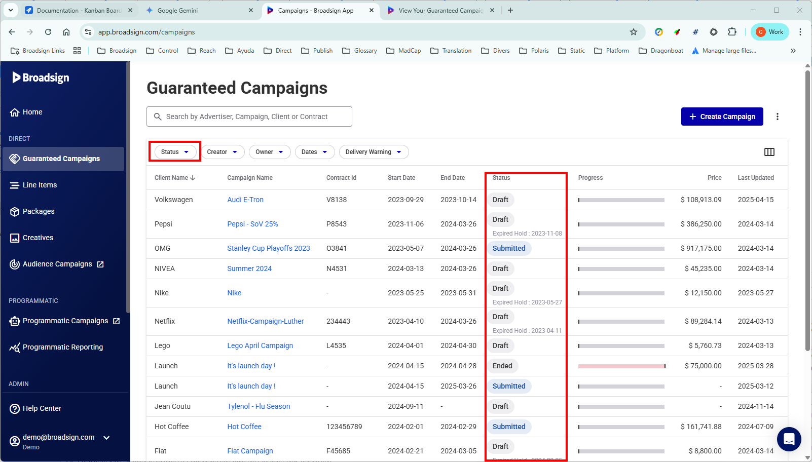 Campaigns page Campaigns page