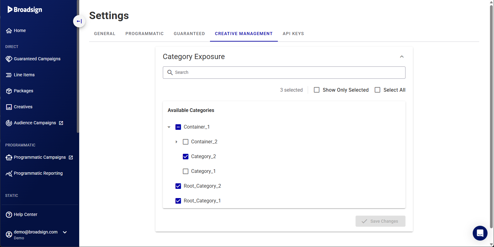Creatives Management Settings Creatives Management Settings