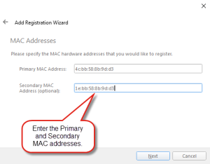 The Add Registration Wizard - MAC Addresses page