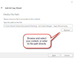 Add Ad Copy Wizard - Media File Path page