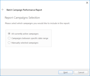 The Report Campaigns Selection page of the Add Batch Campaign Performance Report wizard