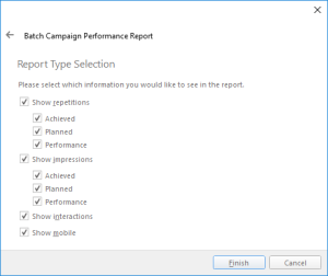 The Report Type Selection page of the Batch Campaign Performance report
