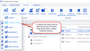Add an external source ad copy from the Schedules ribbon