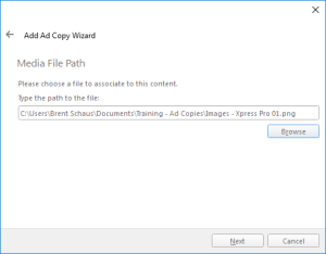 The Media File Path page of the Add Ad Copy wizard