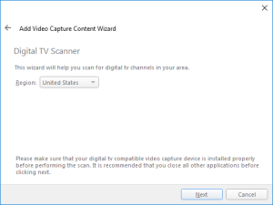 The Digital TV Scanner page of the Add Video Capture Content wizard (Digital TV only)