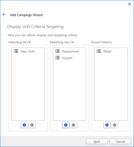 The Display Unit Criteria Targeting page of the Add Campaign Wizard