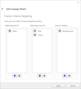 The Frame Criteria Targeting page of the Add Campaign Wizard