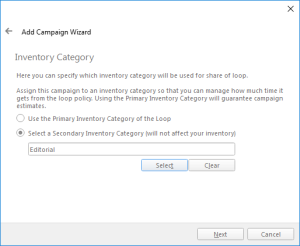 The Inventory Category page of the Add Campaign Wizard