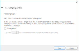 The Preemption page of the Add Campaign Wizard