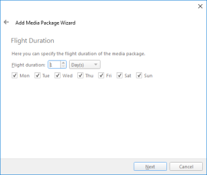 The Flight Duration page of the Add Media Package Wizard