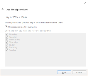 The Day of Week Mask page of the Add Time Span Wizard