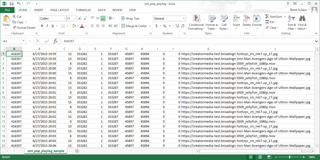 An XML POP playlog imported into Excel